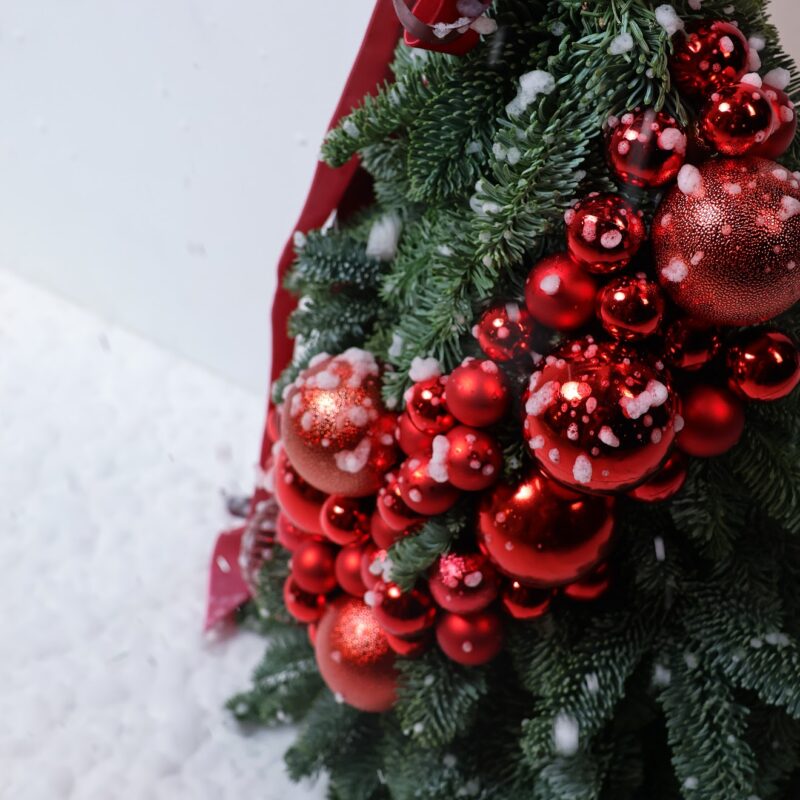 Świąteczna choinka z nobilisu z czerwonymi bombkami | Studio Deluxe