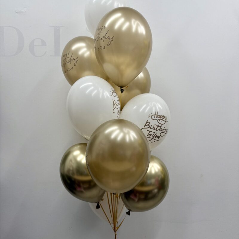 Wiązka balonów Happy Birthday złoto-biała 12 szt – Studio Deluxe