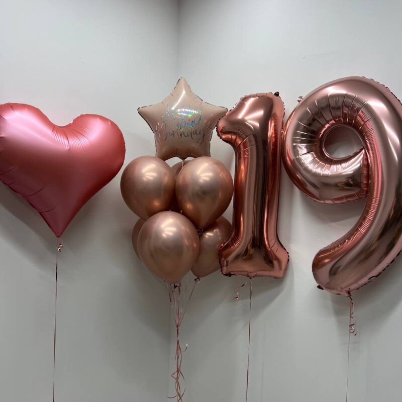 Zestaw balonów urodzinowych rose gold z sercem, gwiazdką i cyframi