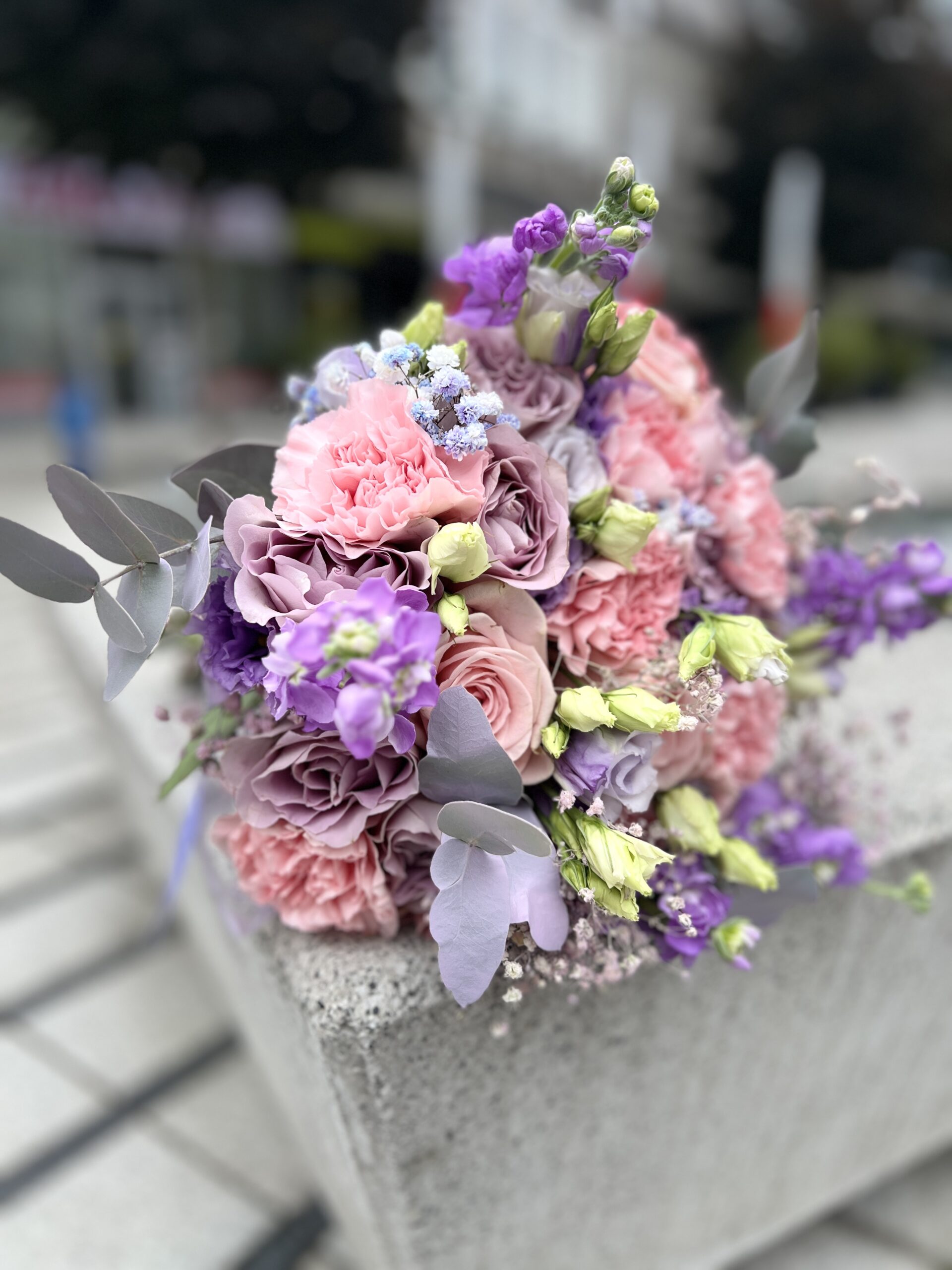 IMG_0809 Bukiet ślubny pastelowy z róż, goździków i eustomy