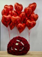 Zestaw 101 róża czerwona + balony serce 21 szt