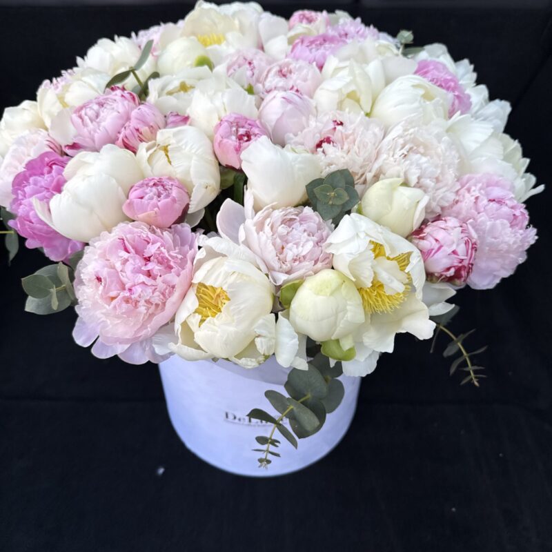 51 piwonii w pudełku flowerbox różowe i białe piwonie Studio Deluxe